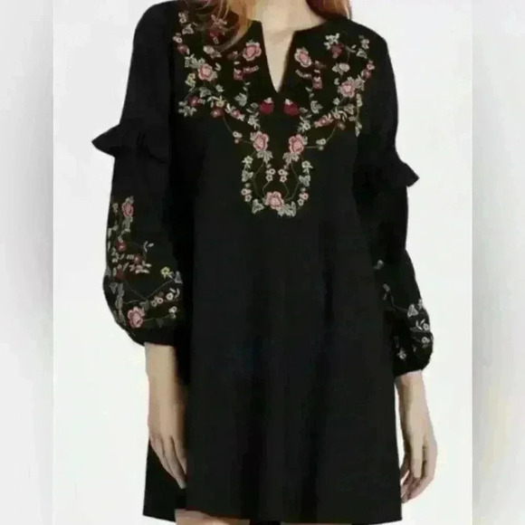 Braeve Black Embroidered Boho Floral Ruffle Split Neck Dress Womens Size Medium - Picture 13 of 13